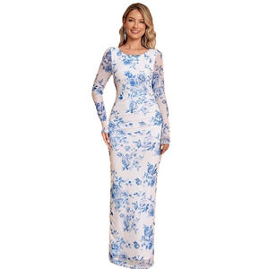 Womens Sheer Mesh Open Back Blue Floral Maxi Cottagecore Wedding Guest Dress MED